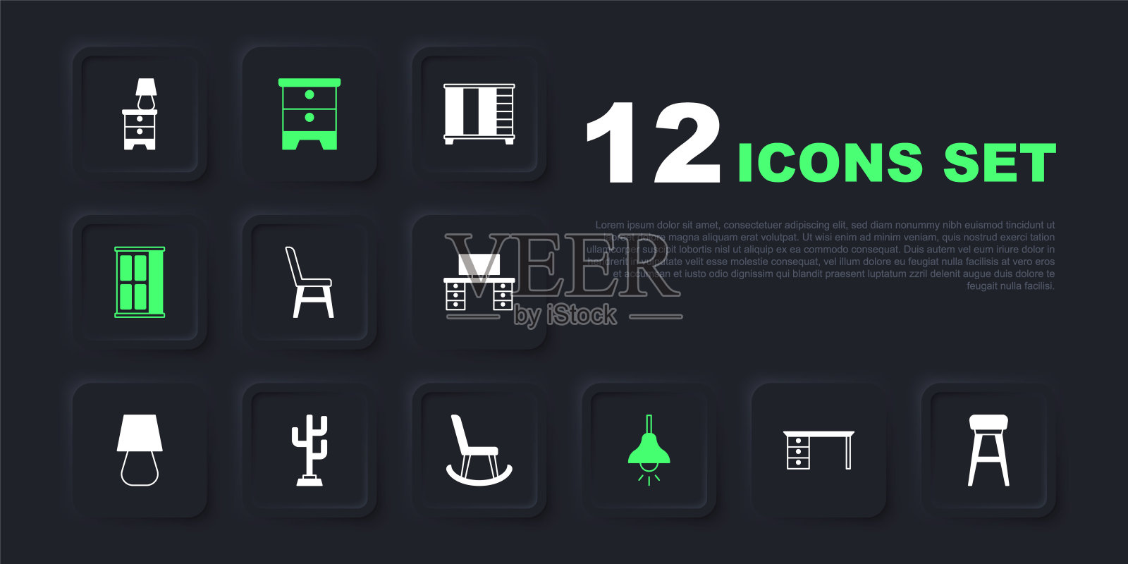 集办公桌，椅子，挂灯，衣柜，外套架，家具床头柜和扶手椅图标。向量插画图片素材