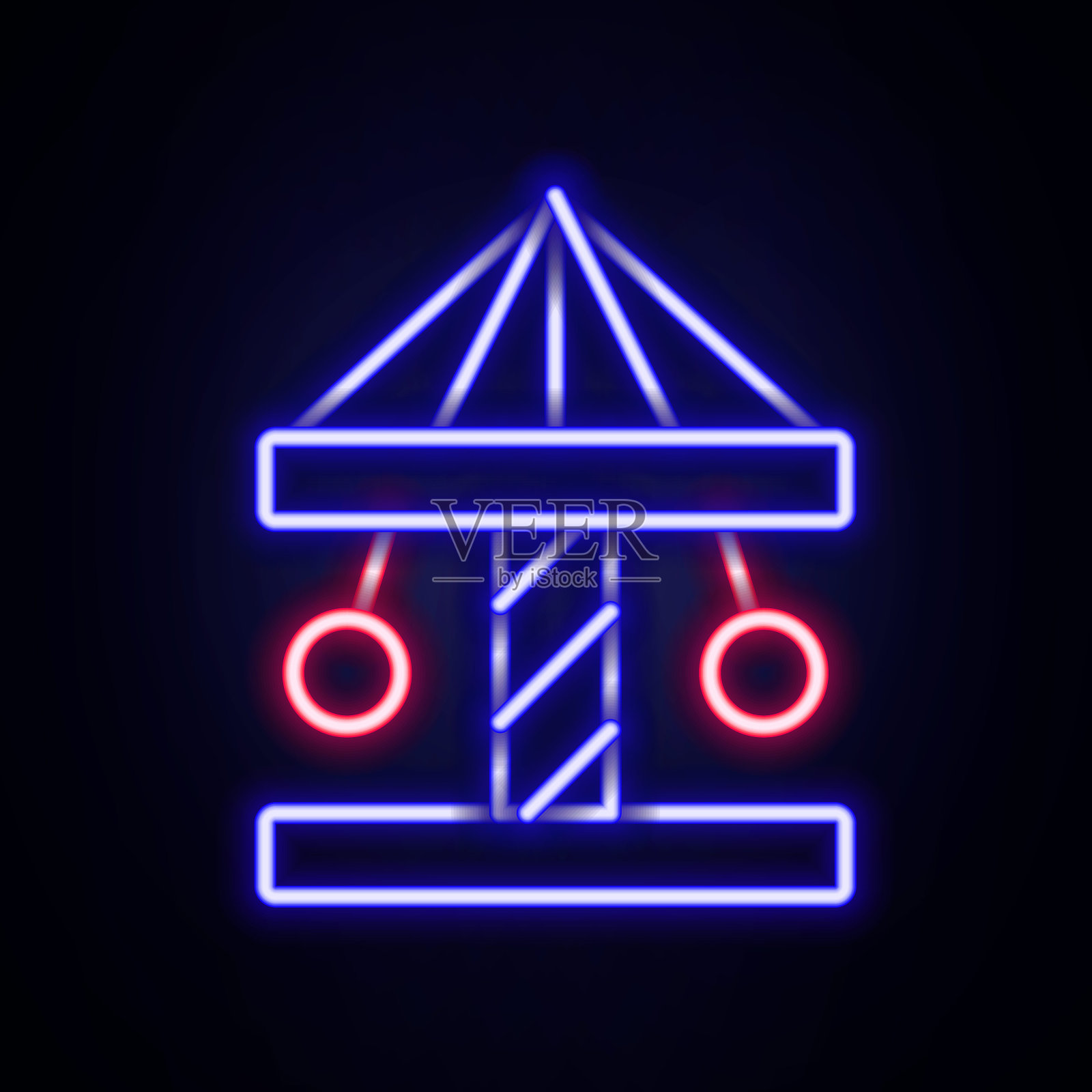 发光的霓虹灯线吸引旋转木马图标孤立的砖墙背景。游乐园。儿童娱乐乐园、休闲公园。色彩缤纷的轮廓概念。向量插画图片素材