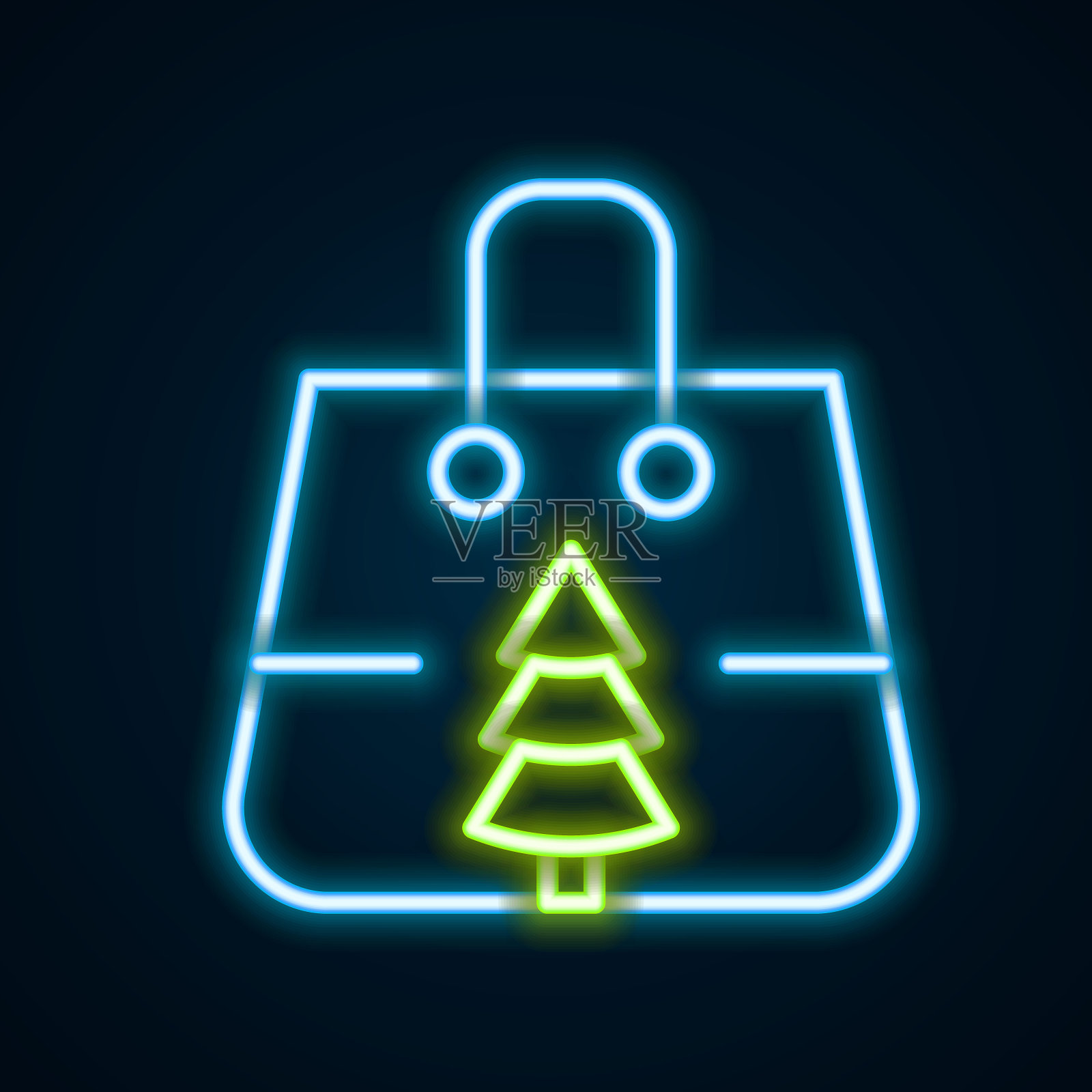 发光的霓虹灯线条：带有雪花图案的圣诞节纸质购物袋在黑色背景上分离的图标。圣诞快乐，新年快乐。矢量图插画图片素材