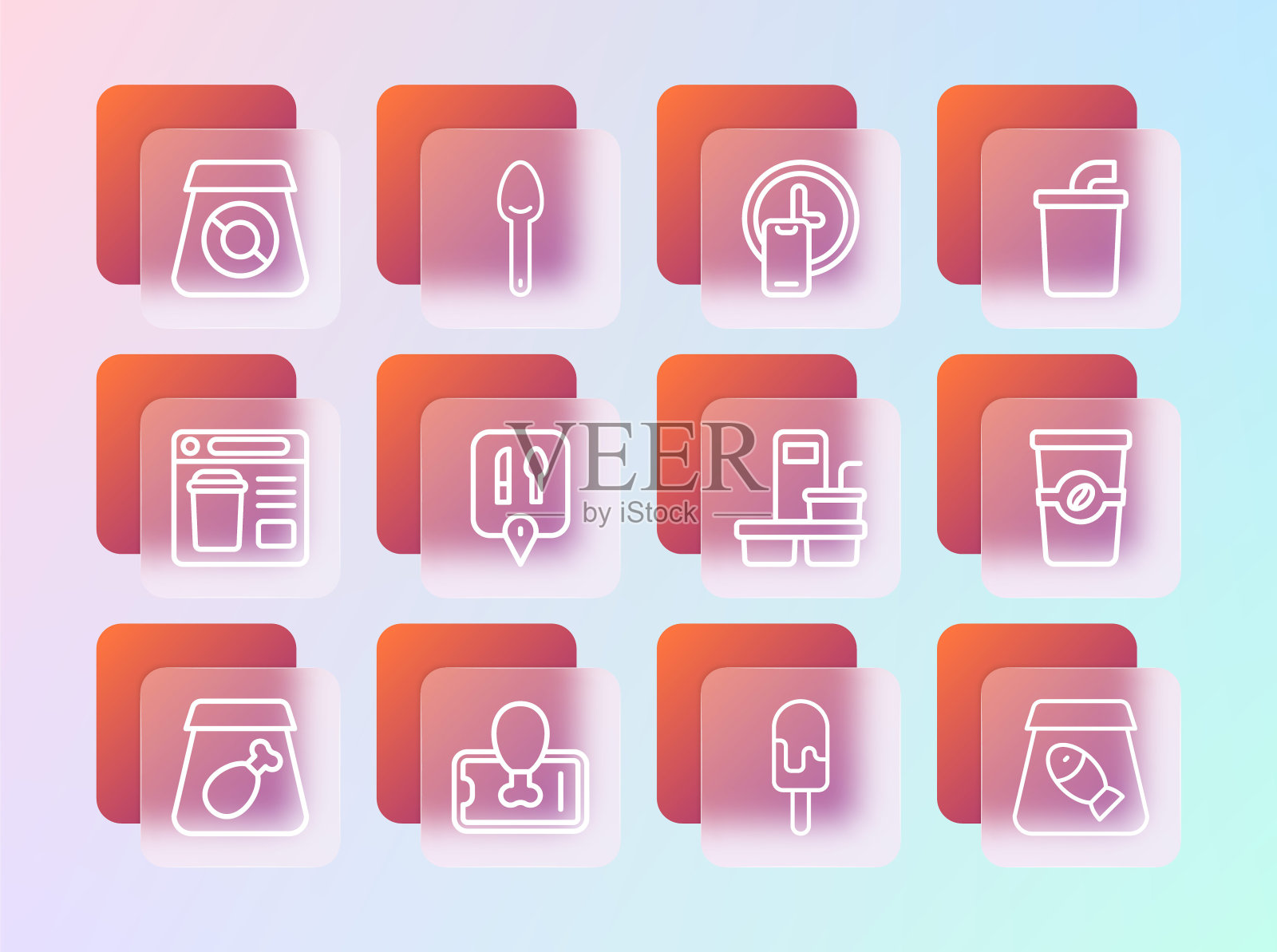 带水的纸质杯子，移动订餐，咖啡杯外带，冰淇淋，咖啡馆和餐厅位置，24小时送货，在线食品和勺子图标。向量插画图片素材