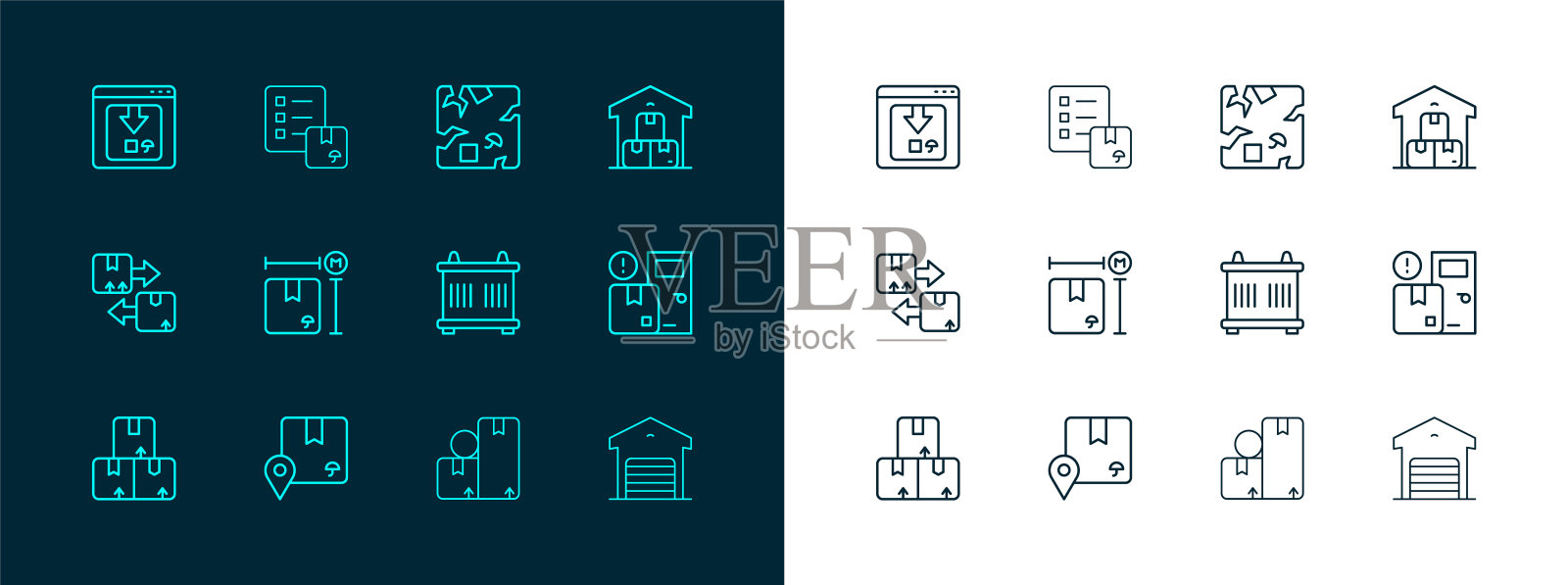 设置全仓，纸箱定位，集装箱，纸箱，纸板测量，破碎，在线应用程序发货跟踪和验证列表图标。向量插画图片素材