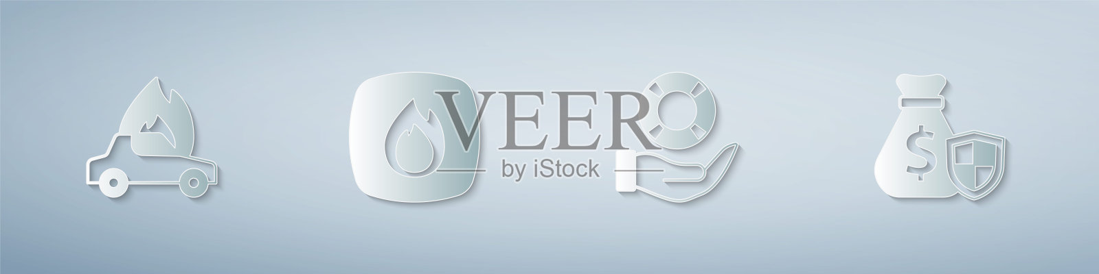 设置燃烧的汽车，火焰，救生圈手和带盾的钱袋。纸艺风格。向量插画图片素材