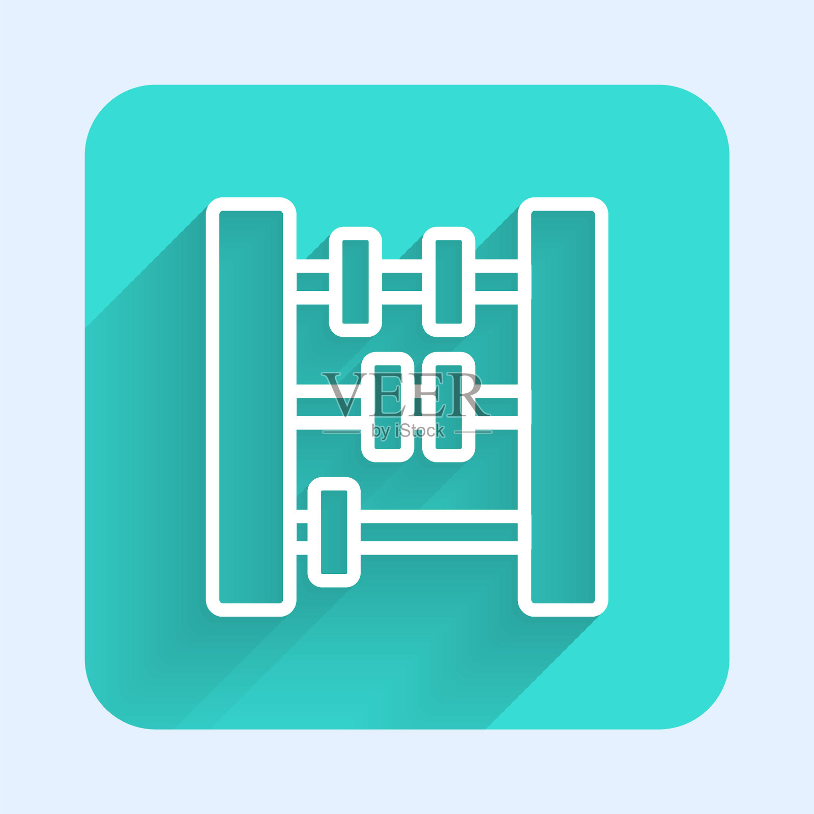 白线算盘图标孤立与长阴影。传统计数框。教育的迹象。数学的学校。绿色方形按钮。向量插画图片素材