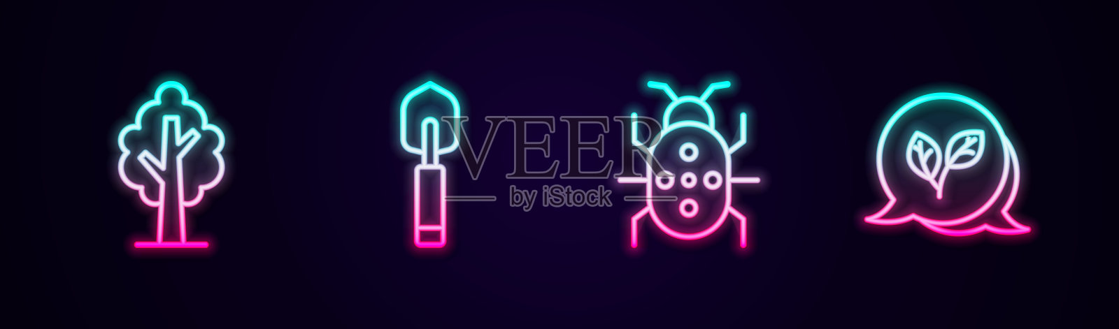 设线树，花园铲，铲子或铲子，科罗拉多甲虫和叶子。发光的霓虹灯图标。向量插画图片素材