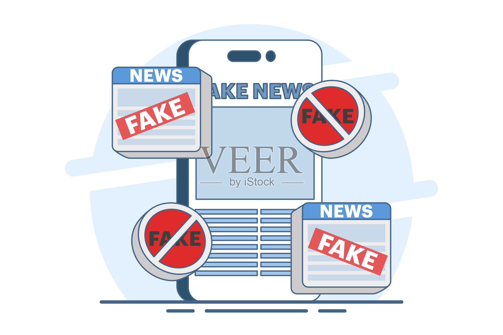 假新闻概念，网络新闻中的假信息，新闻，垃圾新闻内容，报纸上的虚假信息，网上的假新闻，虚假信息，社交媒体上的骗局，平面矢量插图。插画图片素材