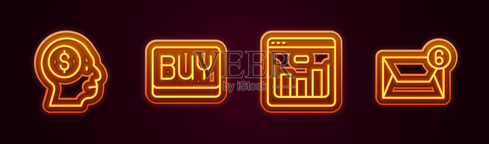 设置线商人计划头脑，购买按钮，浏览器与股票市场和邮件和电子邮件。发光的霓虹灯图标。向量插画图片素材