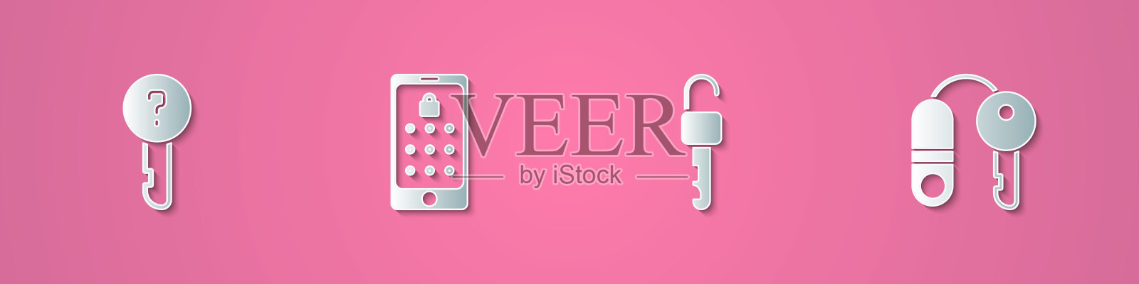 设置剪纸未定义的关键，移动和图形密码，解锁和房子与图标。纸艺风格。向量插画图片素材