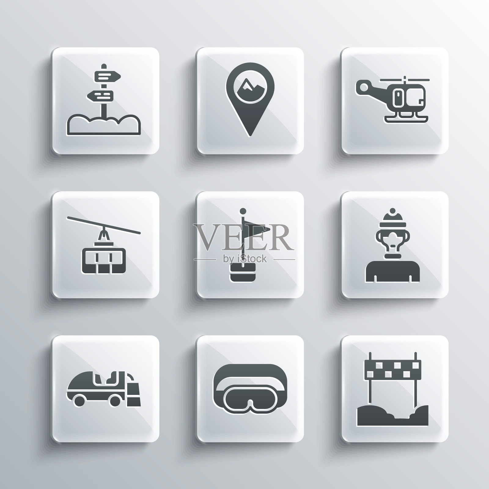 设置滑雪护目镜，缎带在终点线，冬季运动员，位置标记，冰面重新铺设，缆车，道路交通路标和救援直升机图标。向量插画图片素材