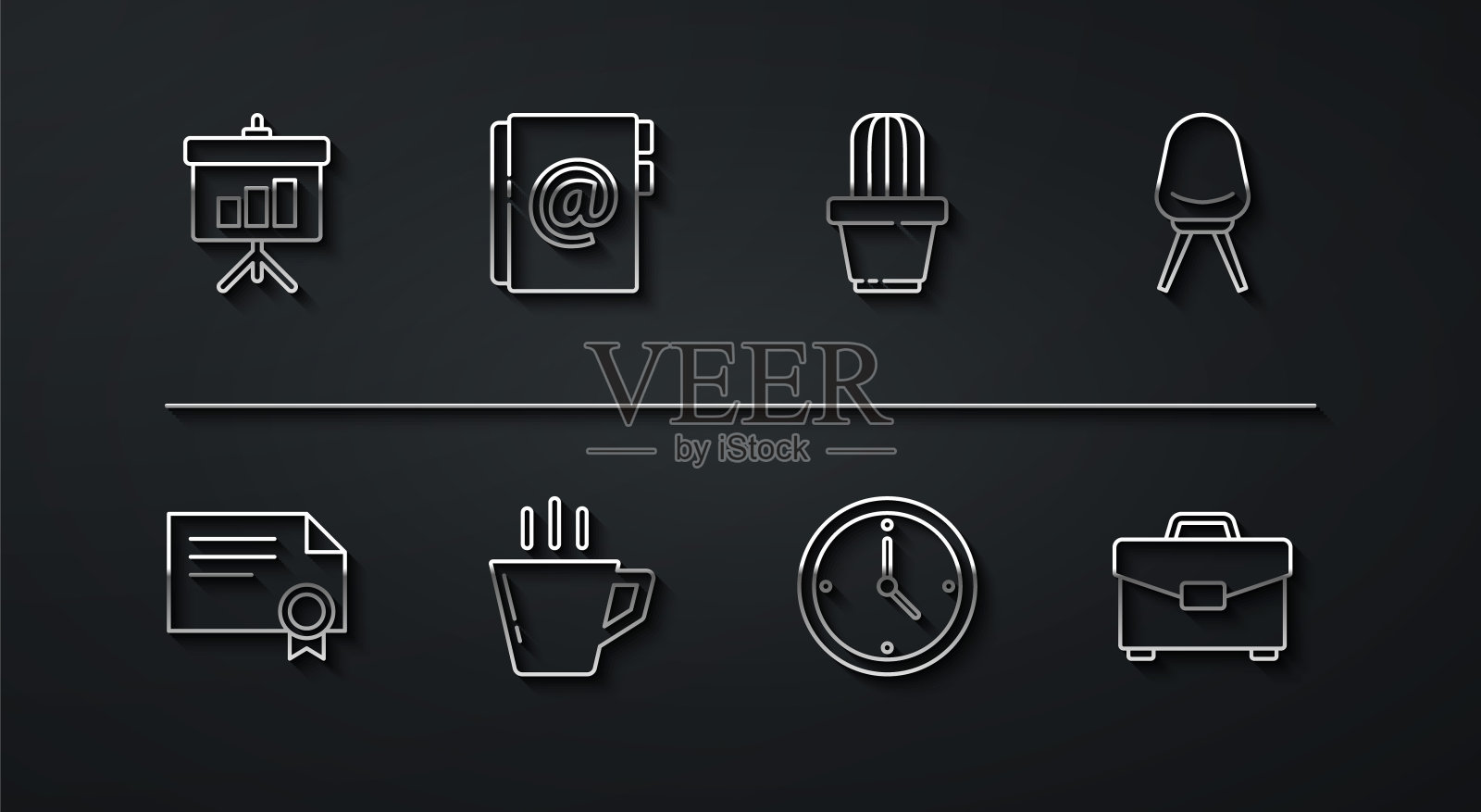 设置线黑板与图表，证书模板，办公椅，时钟，咖啡杯，地址簿，公文包和仙人掌和多肉锅图标。向量插画图片素材