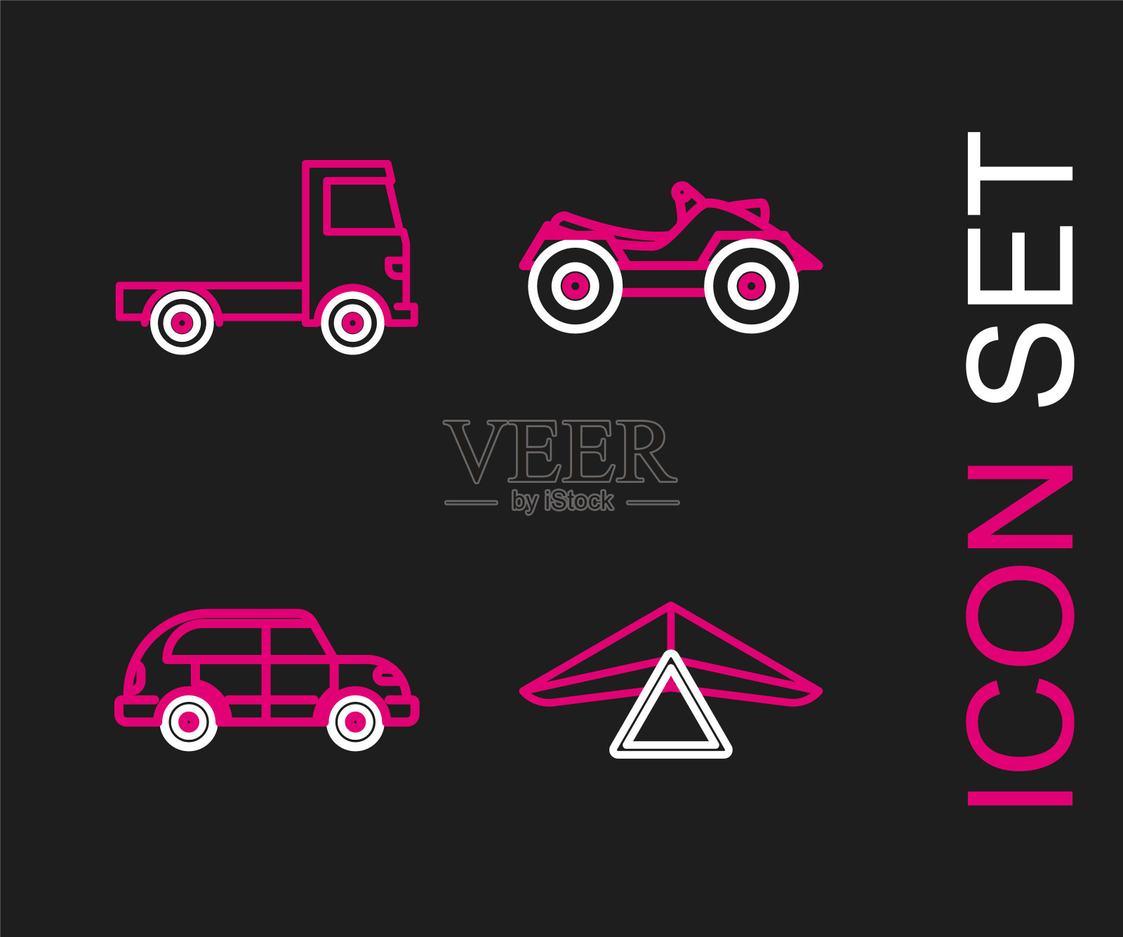 设置线悬挂滑翔机，掀背车，全地形车或ATV摩托车和交付货物卡车车辆图标。向量插画图片素材