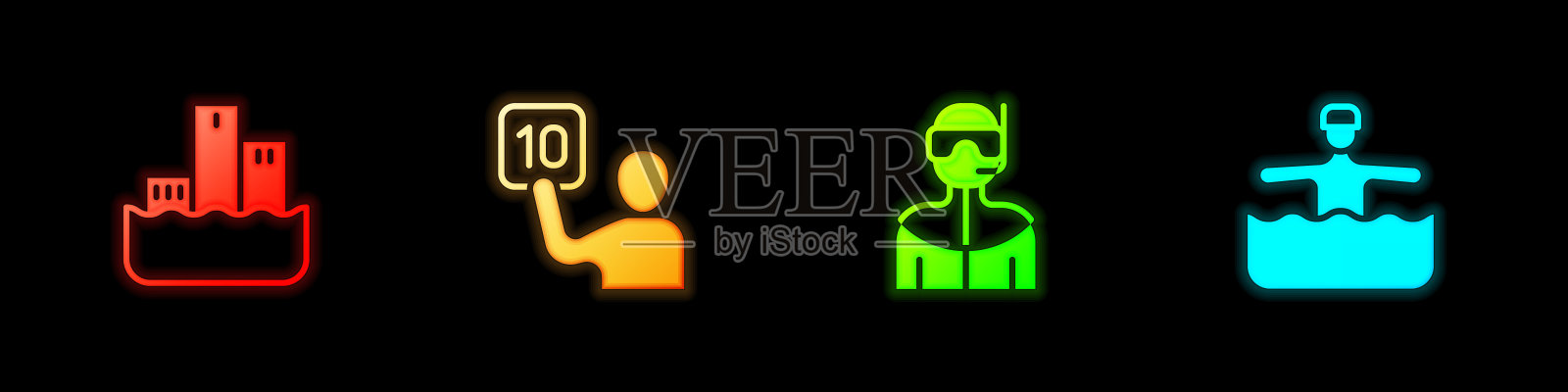 设置获奖者领奖台，评审，潜水潜水服和水上体操图标。向量插画图片素材