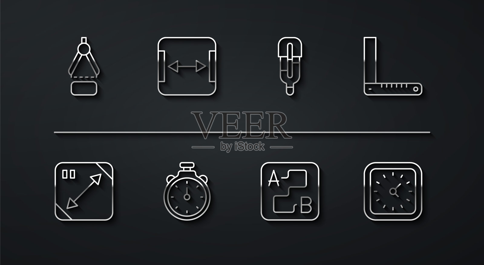 设置线绘制指南针，对角线测量，角尺，路线定位，秒表，面积测量，时钟和医疗温度计图标。向量插画图片素材