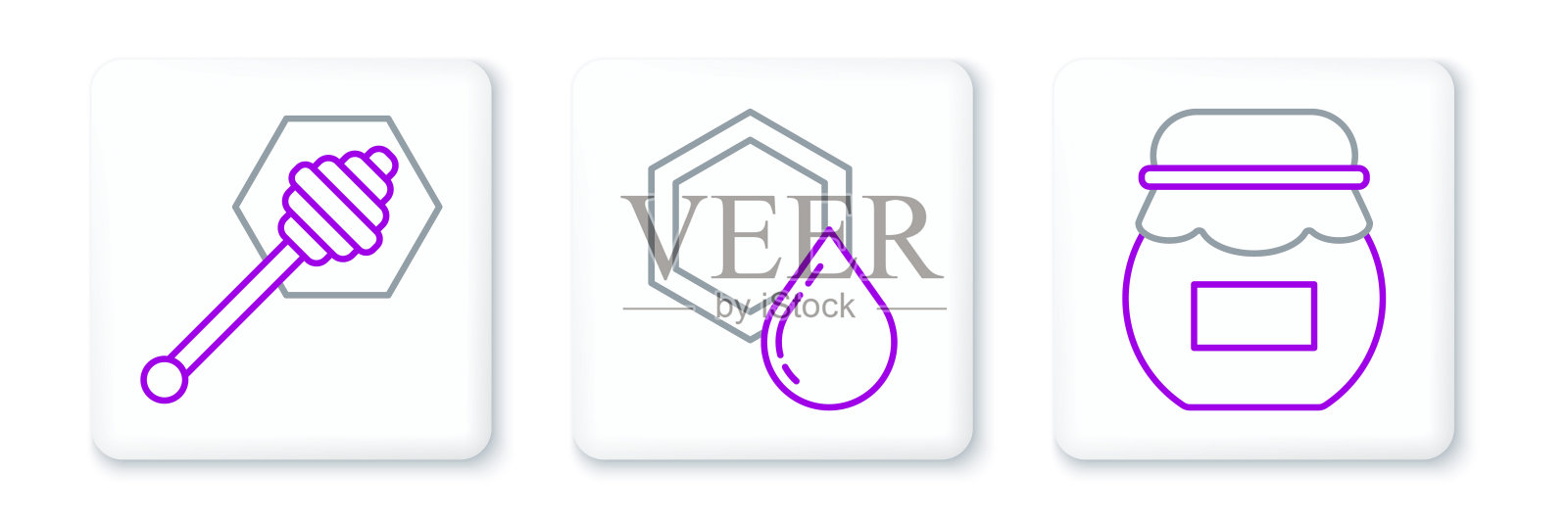 设置线罐的蜂蜜，蜂蜜勺棒和蜂窝图标。向量插画图片素材