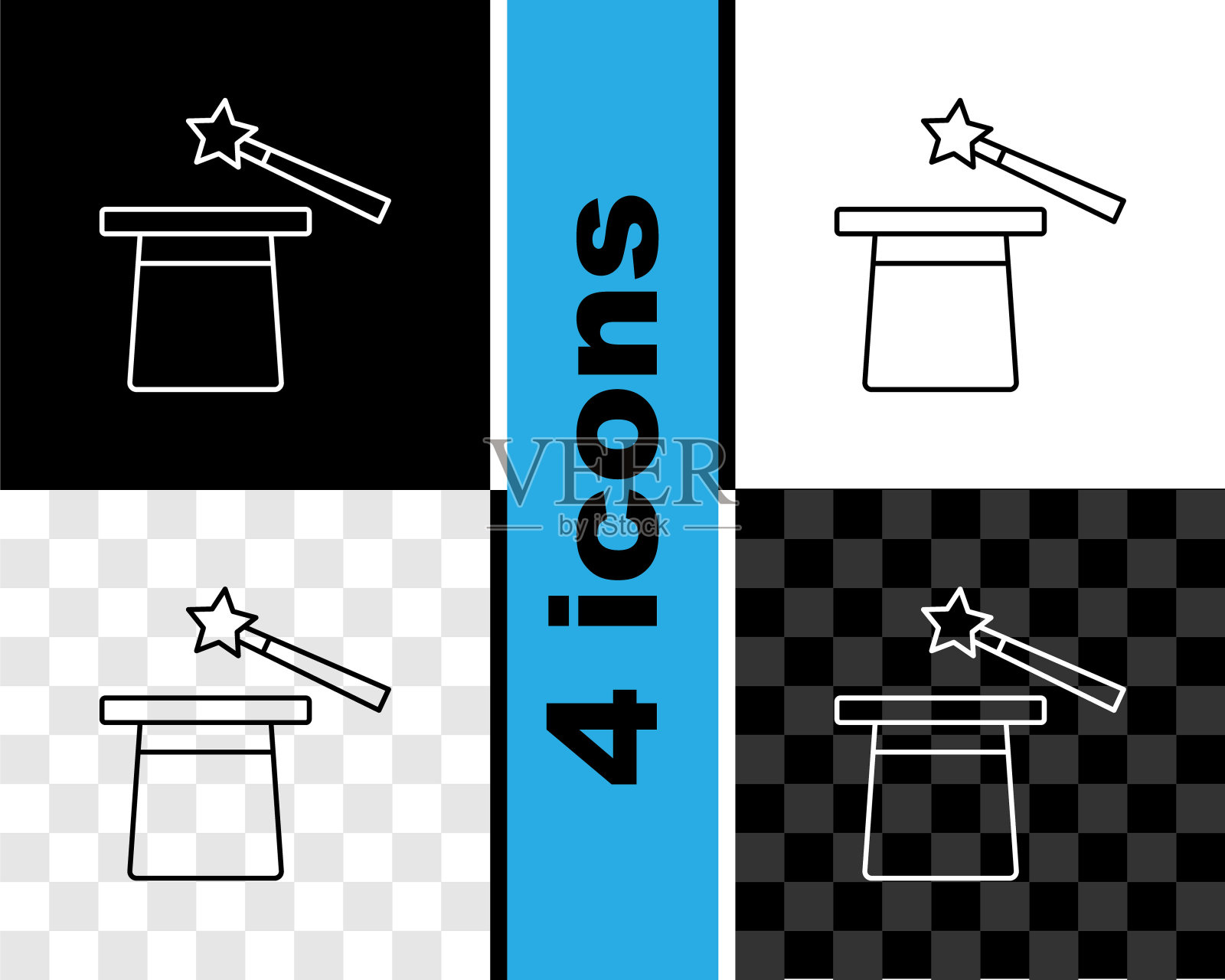 设置线魔术帽和魔杖图标孤立的黑色和白色，透明的背景。魔术。神秘娱乐概念。向量插画图片素材