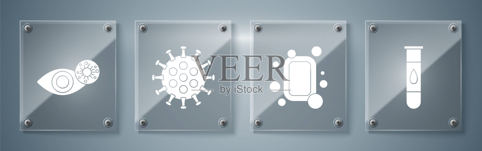 设置血液测试和病毒，肥皂条，病毒和因病毒引起的红眼。方形玻璃板。向量插画图片素材