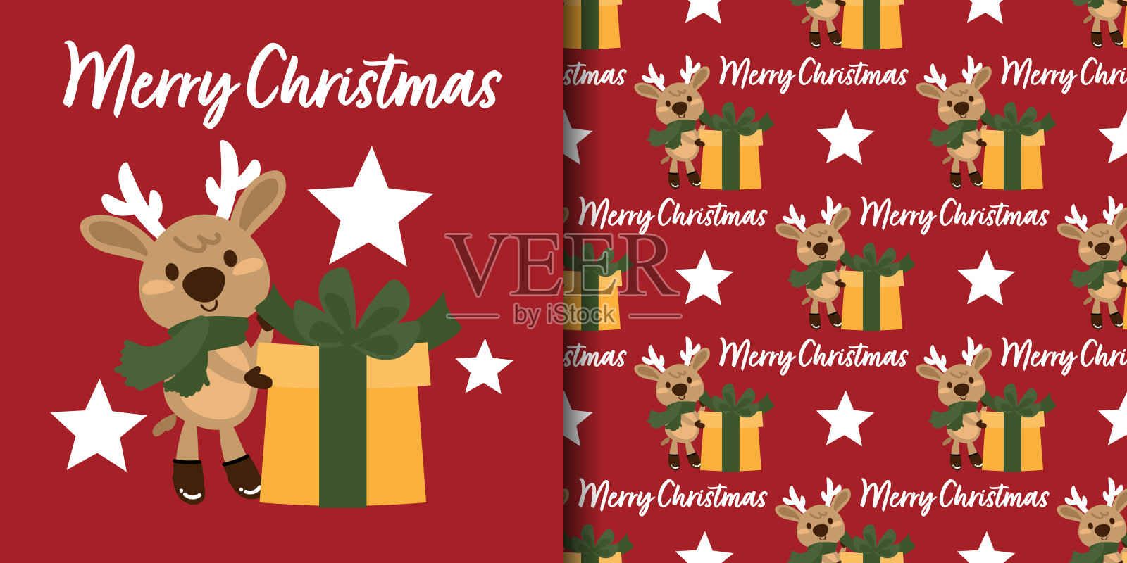 圣诞节假日banner和可爱驯鹿的无缝图案，戴着绿色围巾，礼品盒，星星和红色背景上的圣诞快乐文字插画图片素材