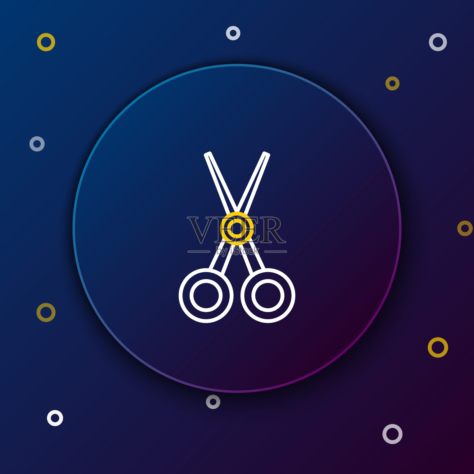 线剪刀理发师图标孤立的蓝色背景。发廊、时尚沙龙、理发招牌。理发店的标志。色彩缤纷的轮廓概念。向量插画图片素材