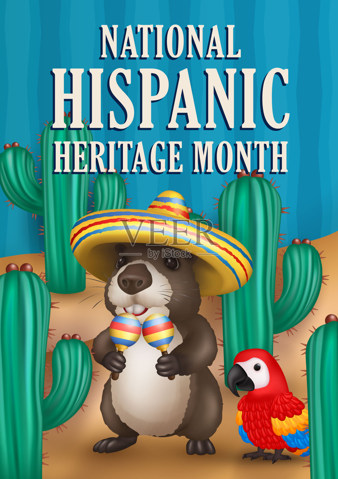 西班牙传统月贺卡与3d卡通金刚鹦鹉和可爱的水豚在宽边帽和沙球插画图片素材