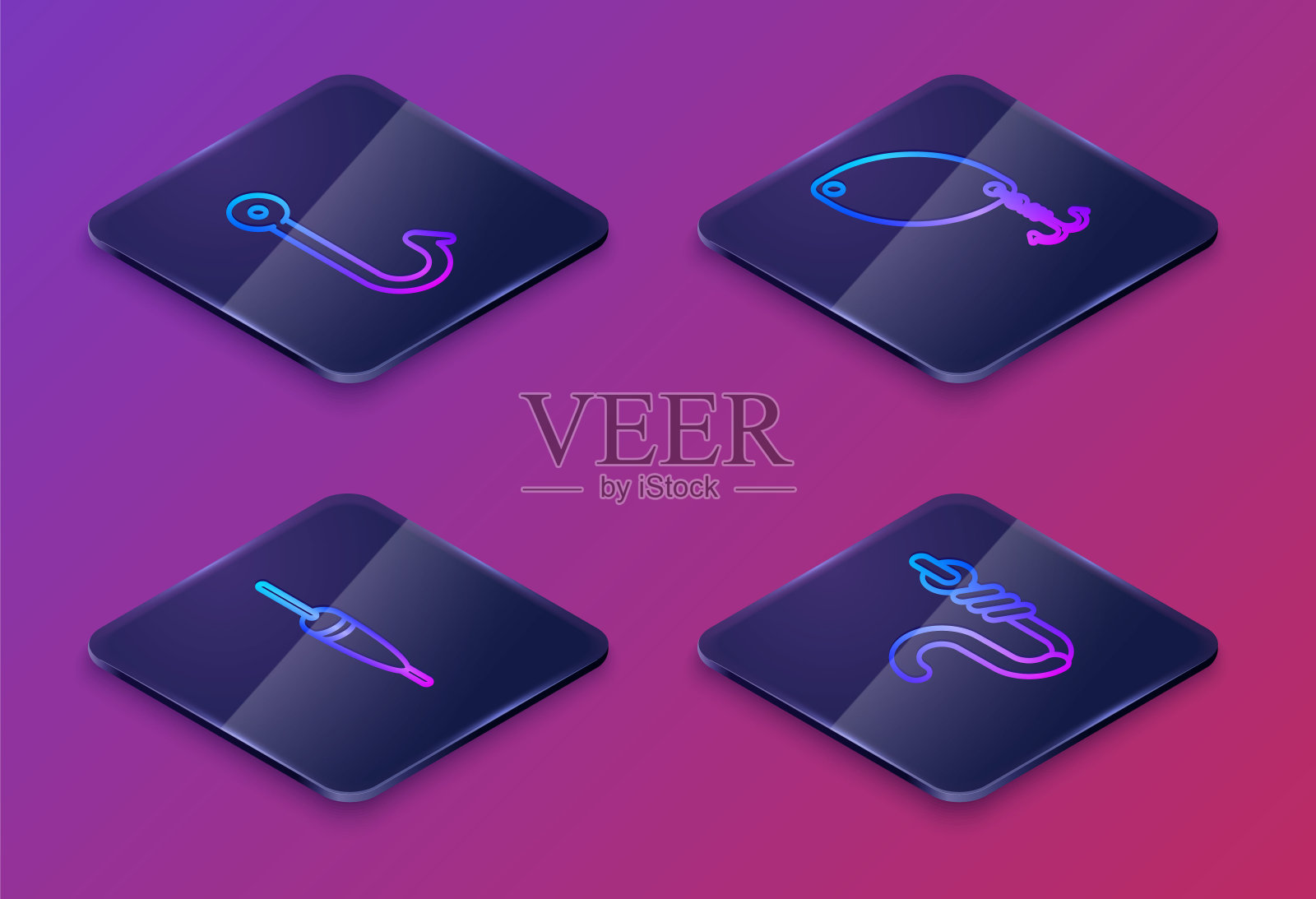 设置等距线鱼钩，鱼漂，鱼勺，鱼钩和蠕虫。蓝色方形按钮。向量插画图片素材