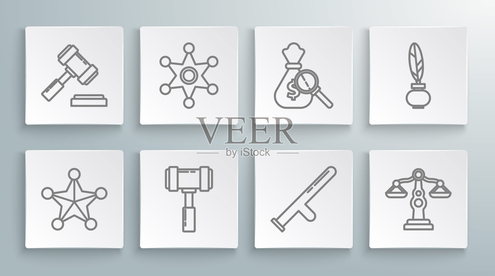 设置线条六角警长、法官 gavel、警察橡胶警棍、正义天平、钱袋和放大镜、羽毛墨水瓶和图标矢量图插画图片素材