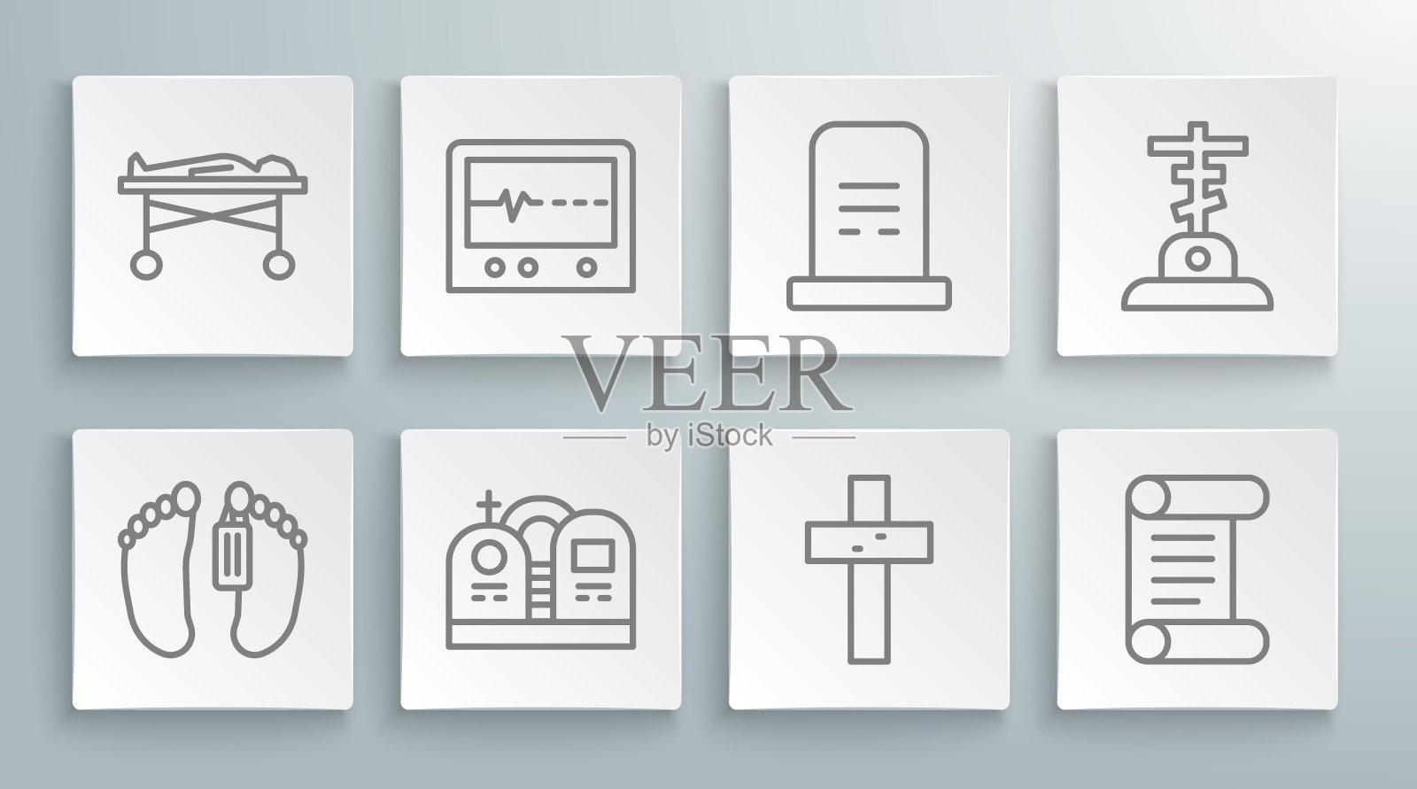 设置线死亡尸体，在监视器中殴打死亡，坟墓与墓碑，基督教十字架，法令，羊皮纸，卷轴，和太平间图标。向量插画图片素材