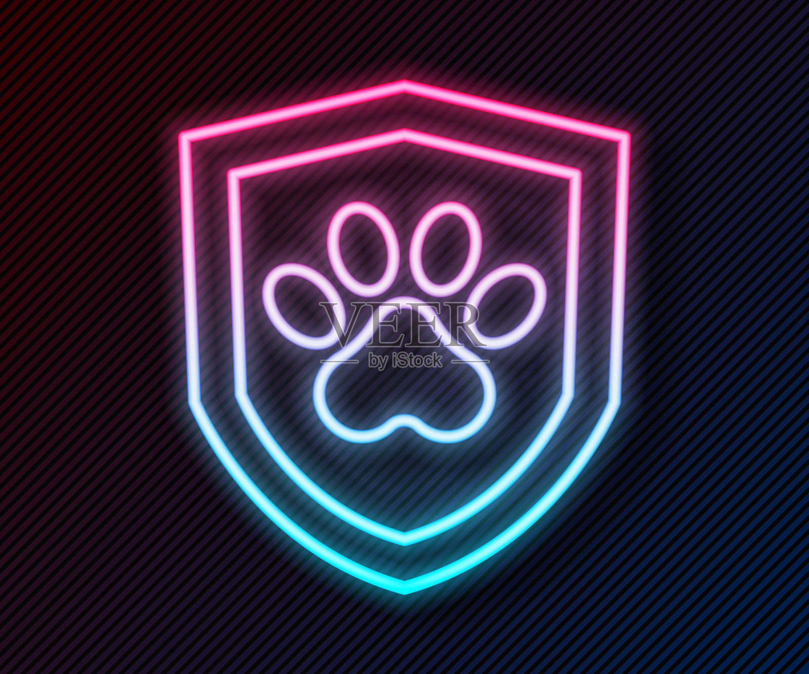 发光的霓虹灯线动物健康保险图标孤立的黑色背景。宠物保护理念。狗或猫的爪印。向量插画图片素材