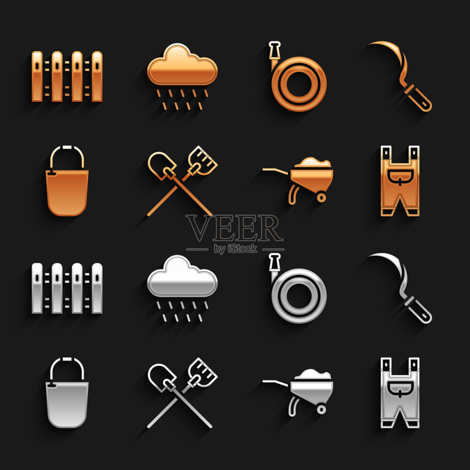 集铲子，镰刀，花园工人的衣服，手推车与泥土，水桶，软管，栅栏木和云雨图标。向量插画图片素材