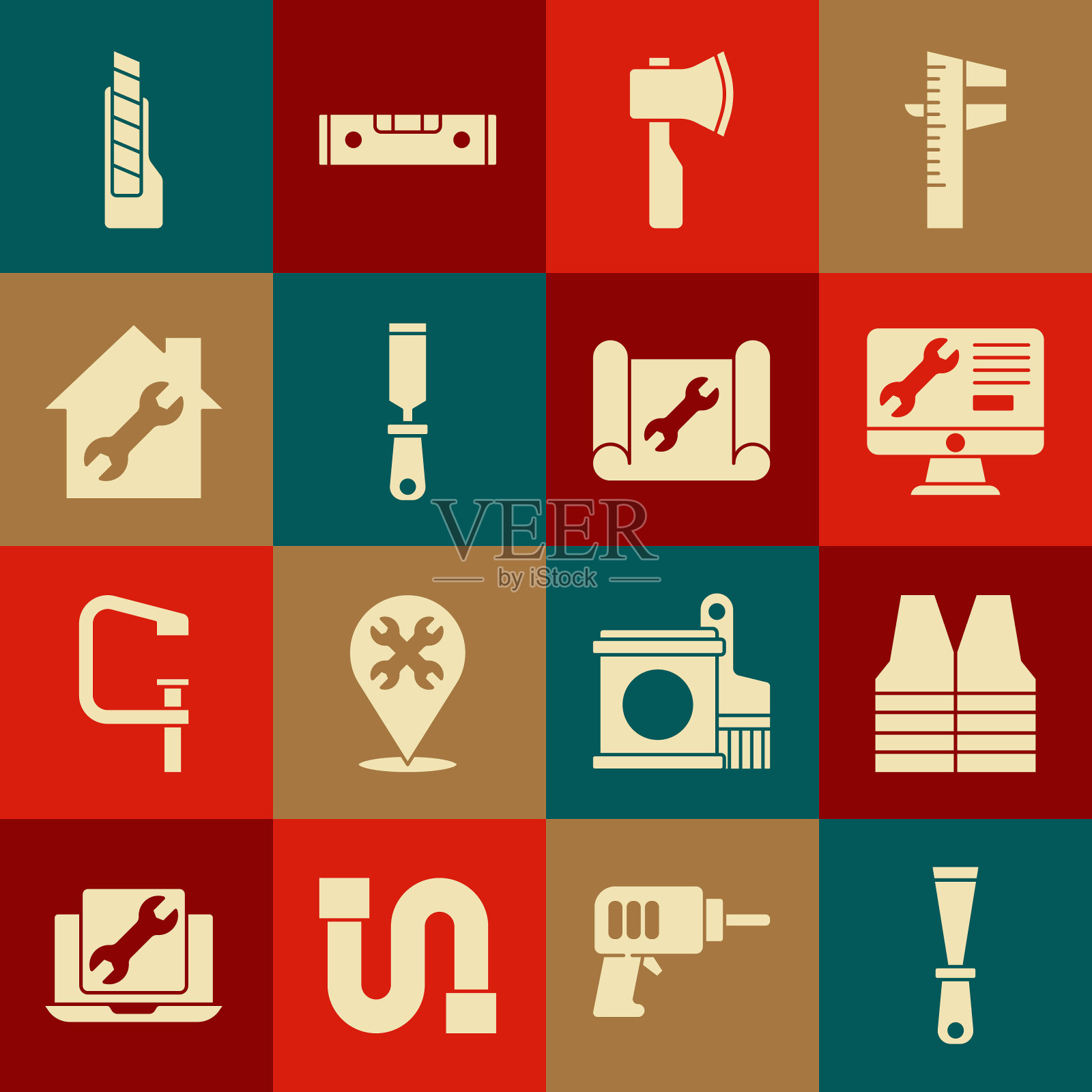 集油灰刀，安全背心，电脑显示器服务，木斧，锉刀，房屋维修，文具和绘图纸和扳手图标。向量插画图片素材