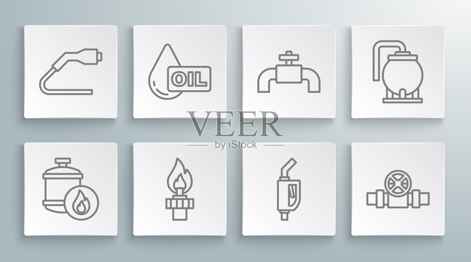 设置线路丙烷气罐，油滴，钻机与火，汽油泵喷嘴，金属管道和阀门，存储和电缆插头充电图标。向量插画图片素材