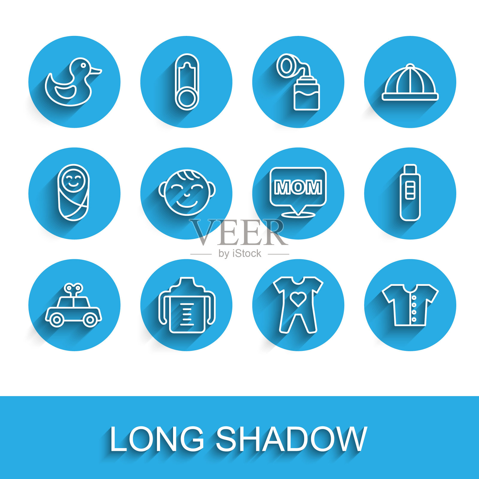 玩具车，婴儿奶瓶，橡皮鸭，衣服，t恤，小男孩头，怀孕测试和语音泡沫妈妈图标。向量插画图片素材