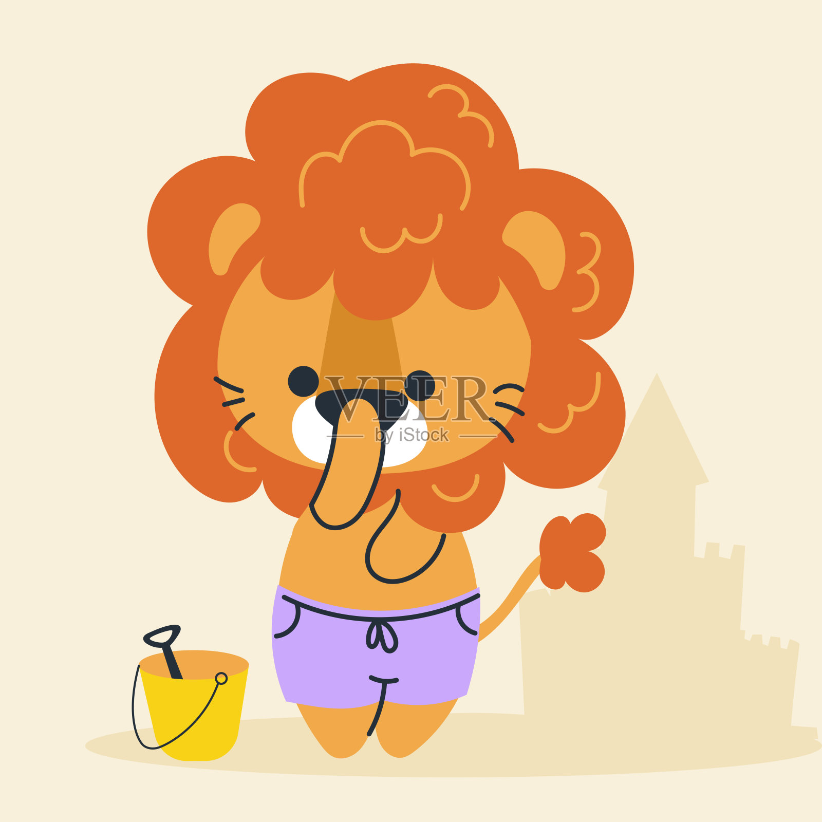 可爱的卡哇伊狮子在沙滩上的卡通，平面，涂鸦，简单的风格。海报，明信片，贺卡，壁纸，儿童服装，面料，t恤，标志的设计元素插画图片素材
