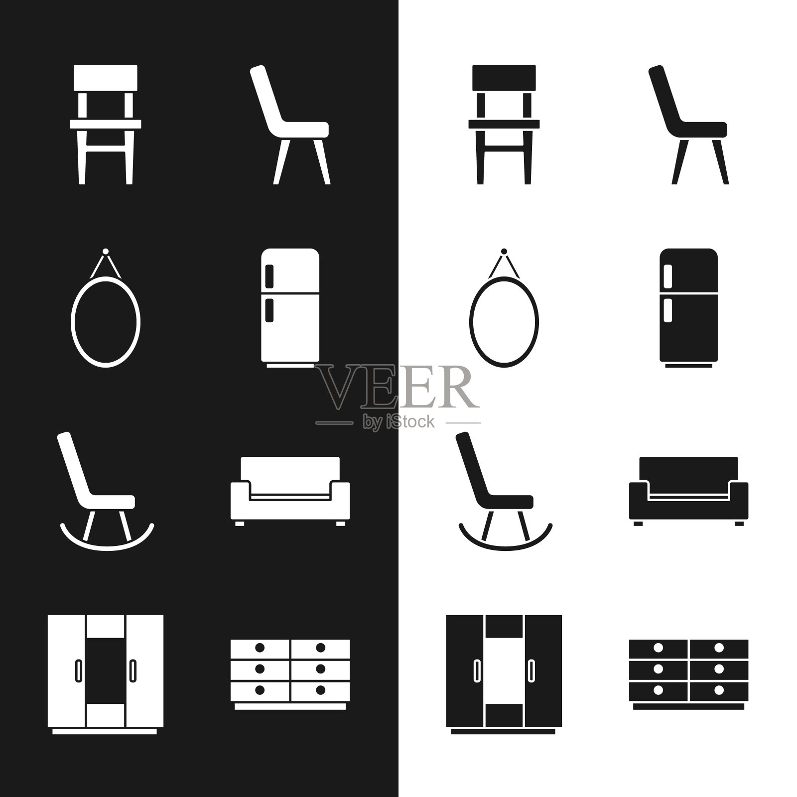 设置冰箱，镜子，椅子，扶手椅，沙发，衣柜抽屉和衣柜图标。向量插画图片素材