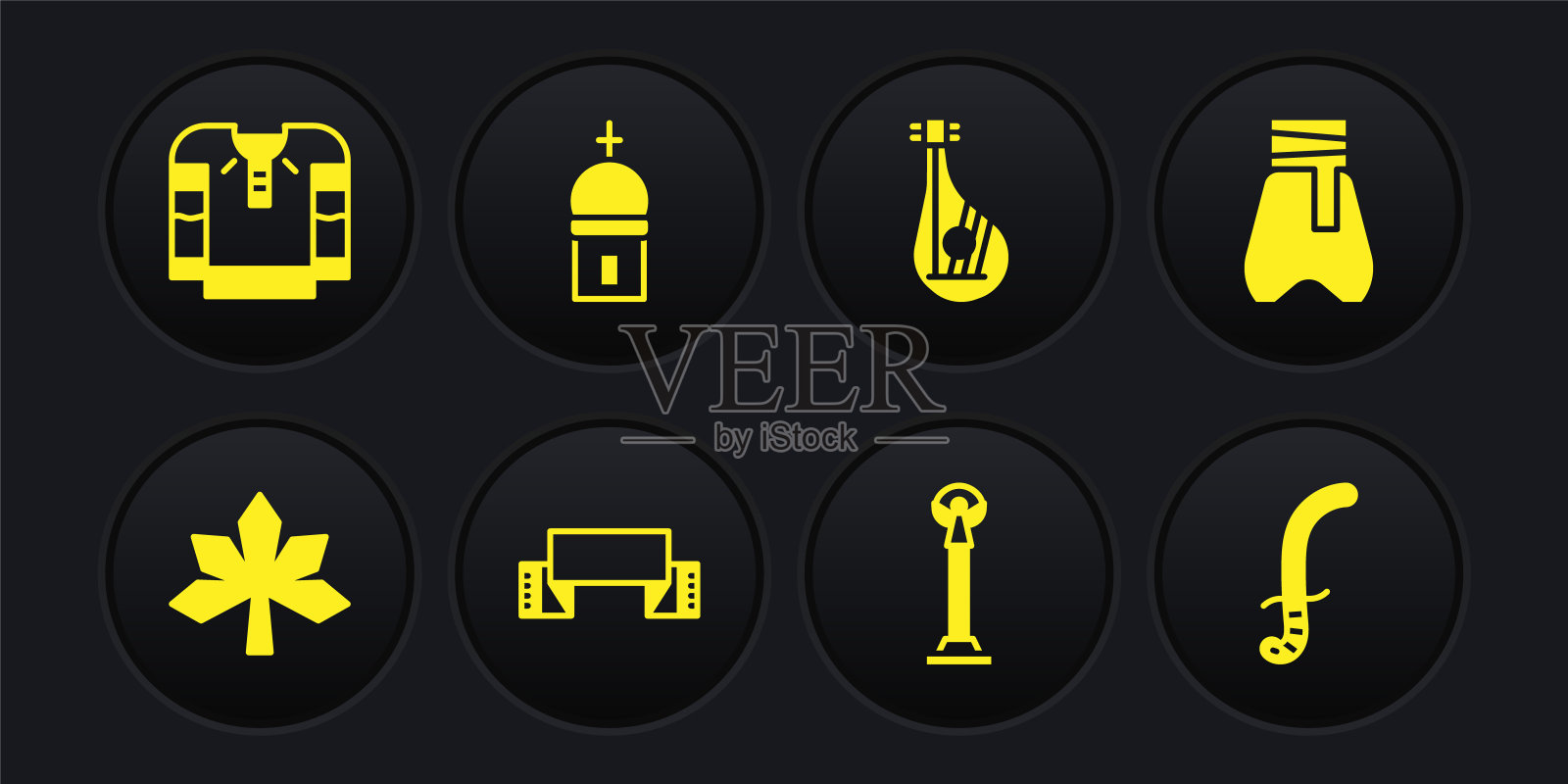 集栗叶，哥萨克裤，刺绣毛巾，独立纪念碑，班杜拉，教堂塔，中世纪的剑和衬衫图标。向量插画图片素材