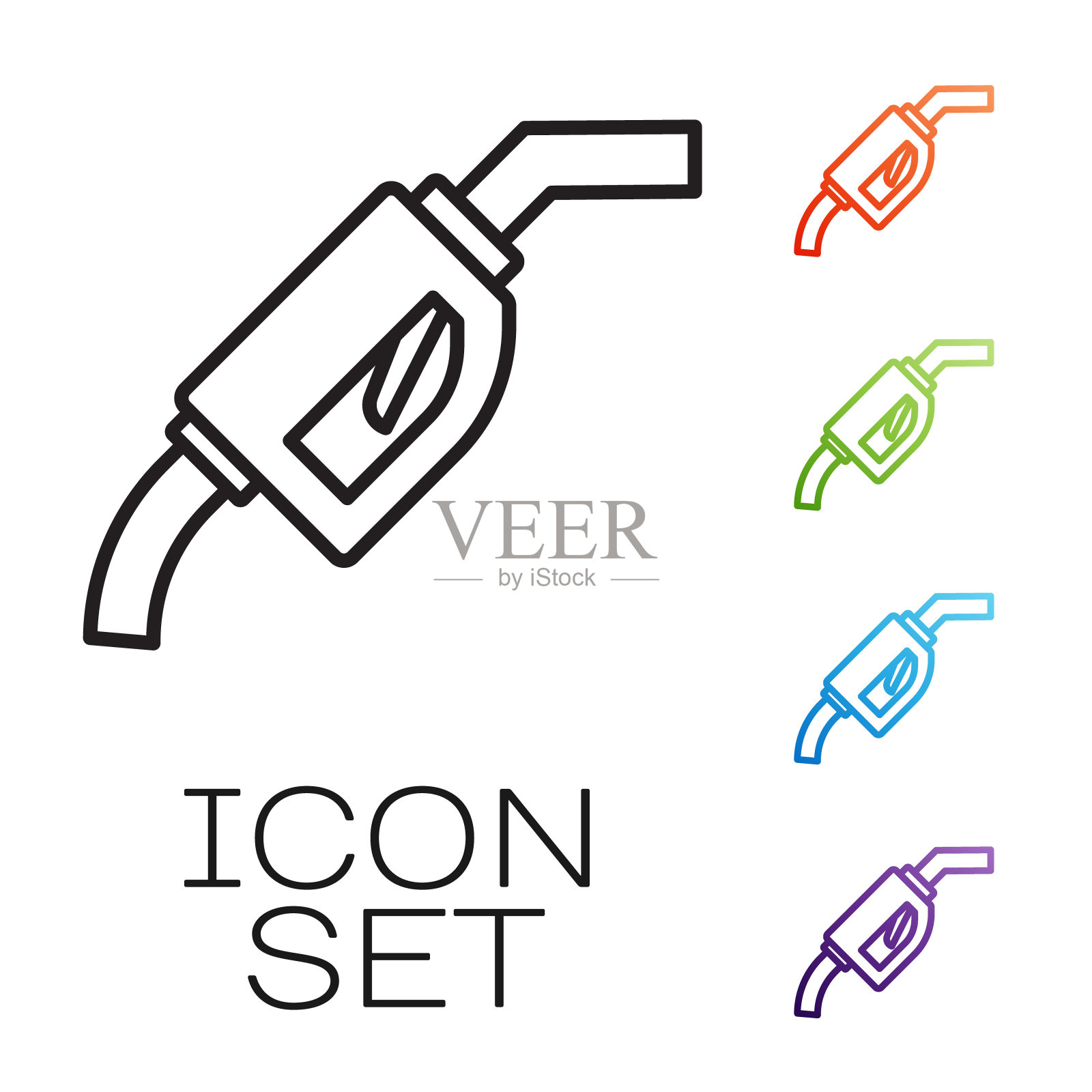 黑线汽油泵喷嘴图标孤立在白色背景。加油站的油泵。加油服务标志。加油站图标。设置图标彩色。向量插画图片素材