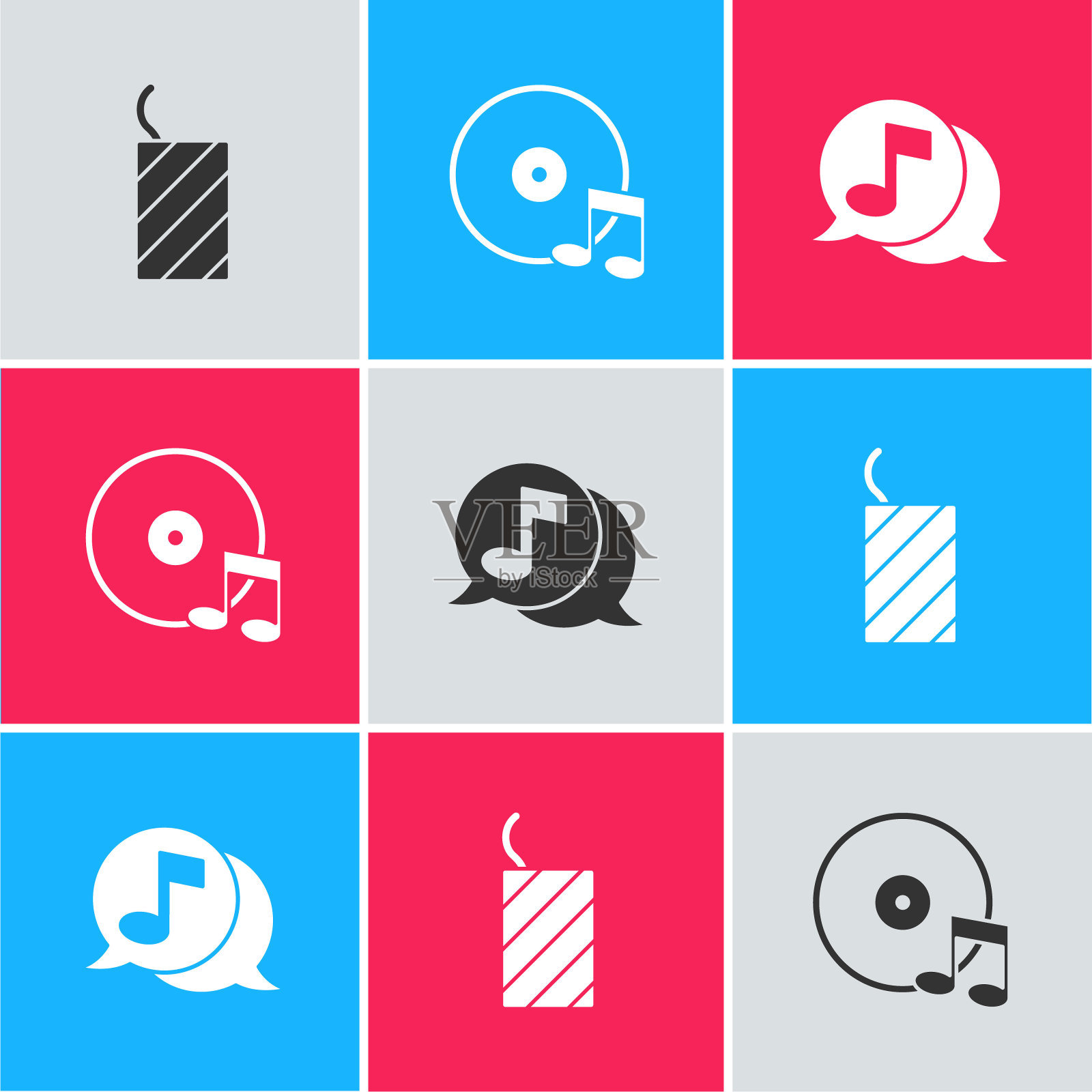 设置烟花火箭，乙烯基磁盘和音乐笔记演讲泡沫图标。向量插画图片素材