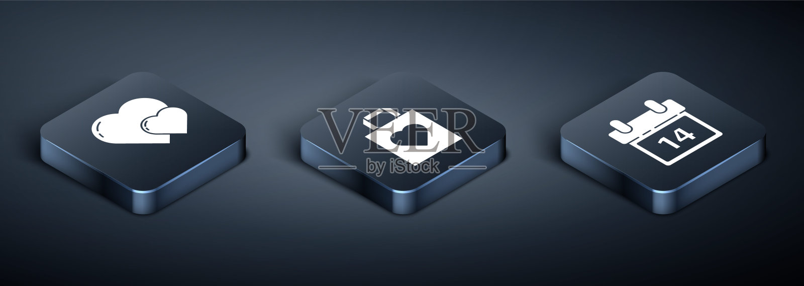 设置等距心脏，日历2月14日和购物袋与心脏图标。向量插画图片素材