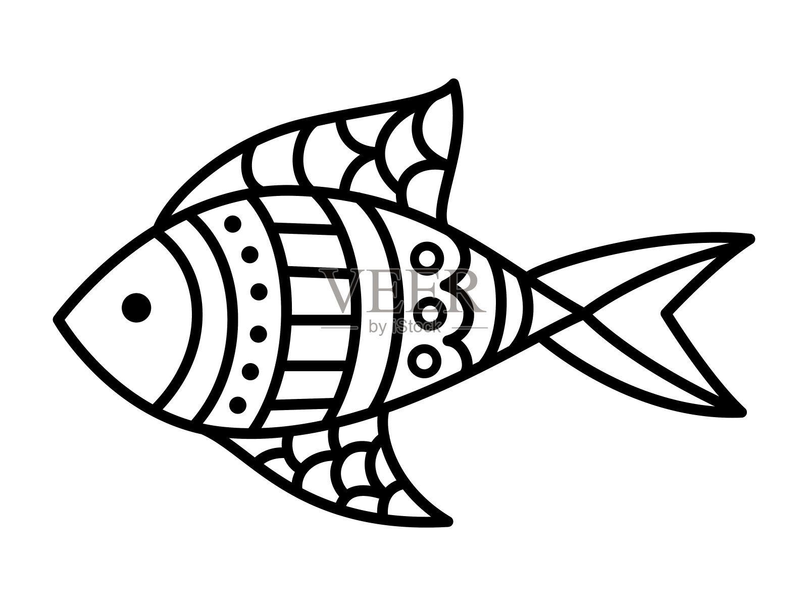 向量黑色线性鱼孤立在白色。儿童涂色页插画图片素材