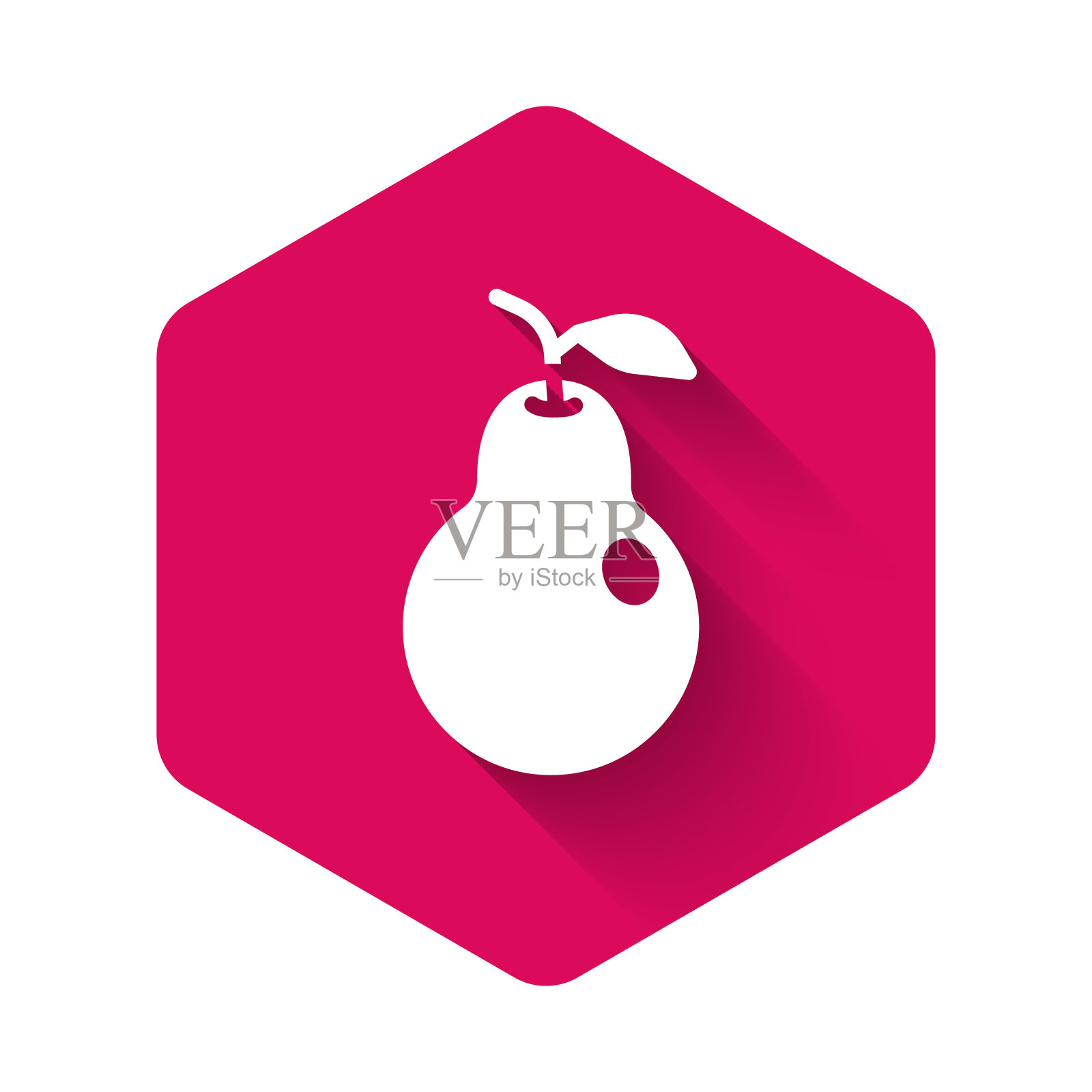 白色梨图标孤立的长阴影背景。果实带叶符号。粉红色六边形按钮。向量插画图片素材