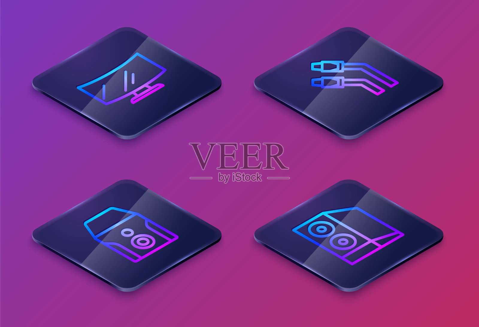 设置等距线电脑显示屏，不间断电源，局域网电缆网络，电脑机箱。蓝色方形按钮。向量插画图片素材