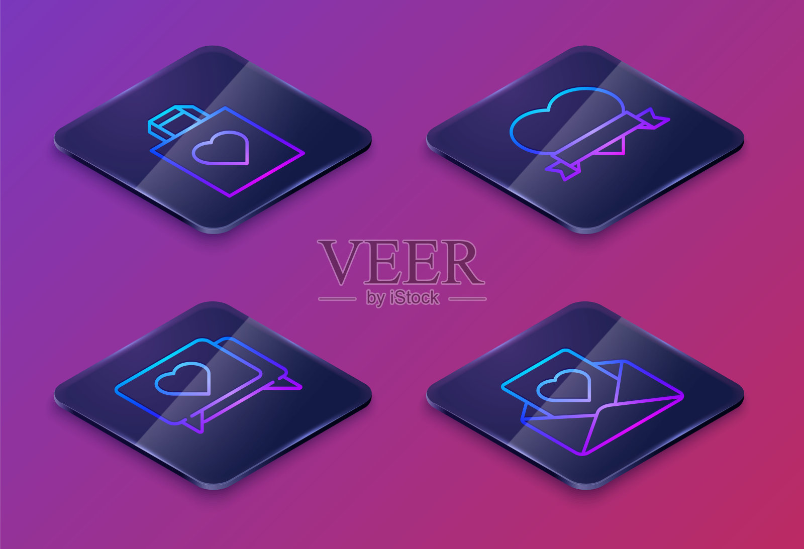 集等距线购物袋与心，喜欢和心，心和丝带和信封与心。蓝色方形按钮。向量插画图片素材