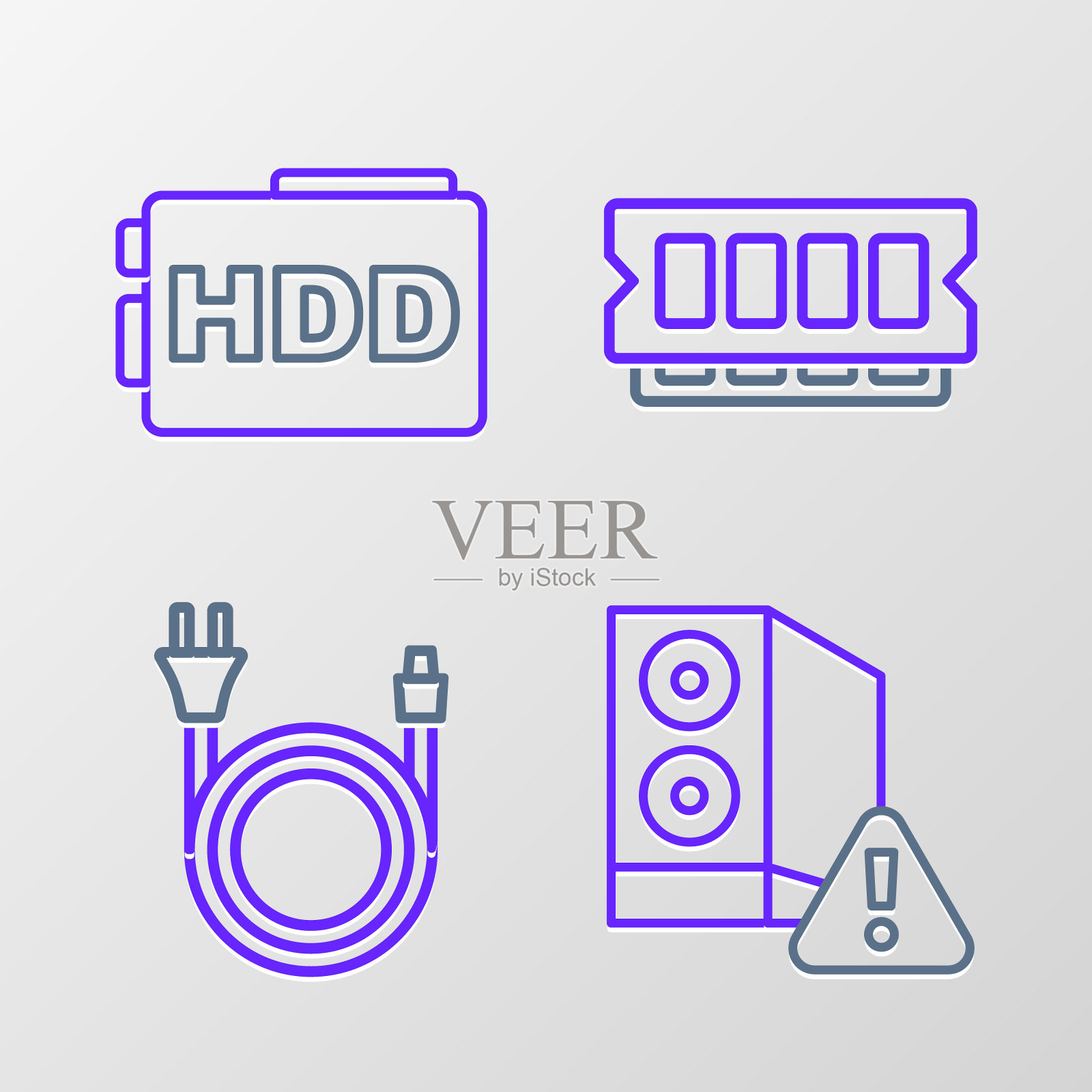 电脑外壳，电源插头，RAM，随机存储器和硬盘驱动器HDD图标。向量插画图片素材