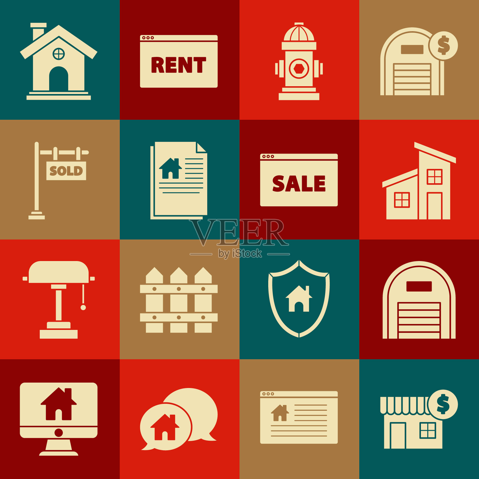 设置房子与美元符号，仓库，消防栓，合同，悬挂标志文字出售，和在线销售图标。向量插画图片素材