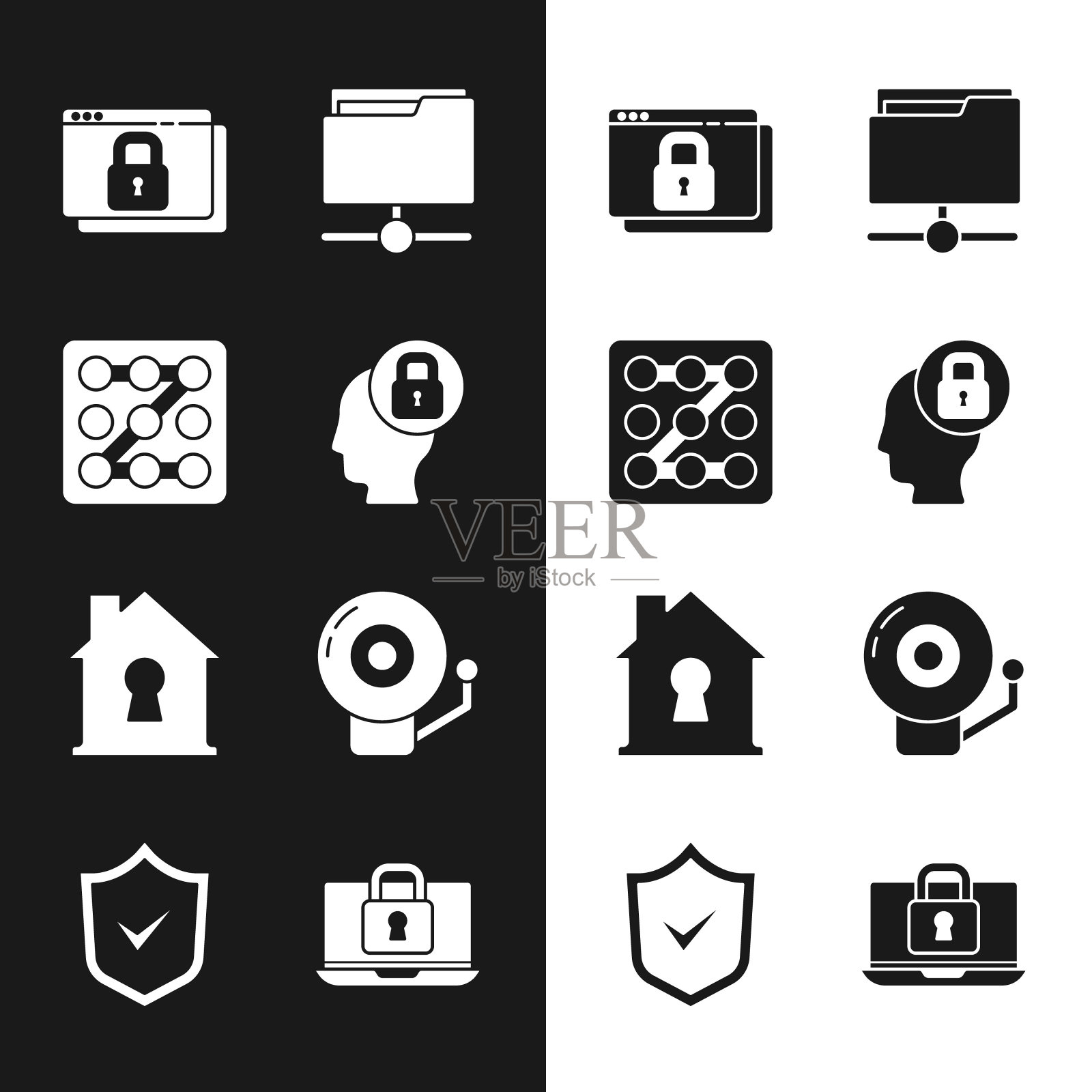 设置人头锁，图形密码保护，保护您的网站HTTPS, SSL, FTP文件夹，房子下，响警钟，笔记本电脑和屏蔽复选标记图标。向量插画图片素材