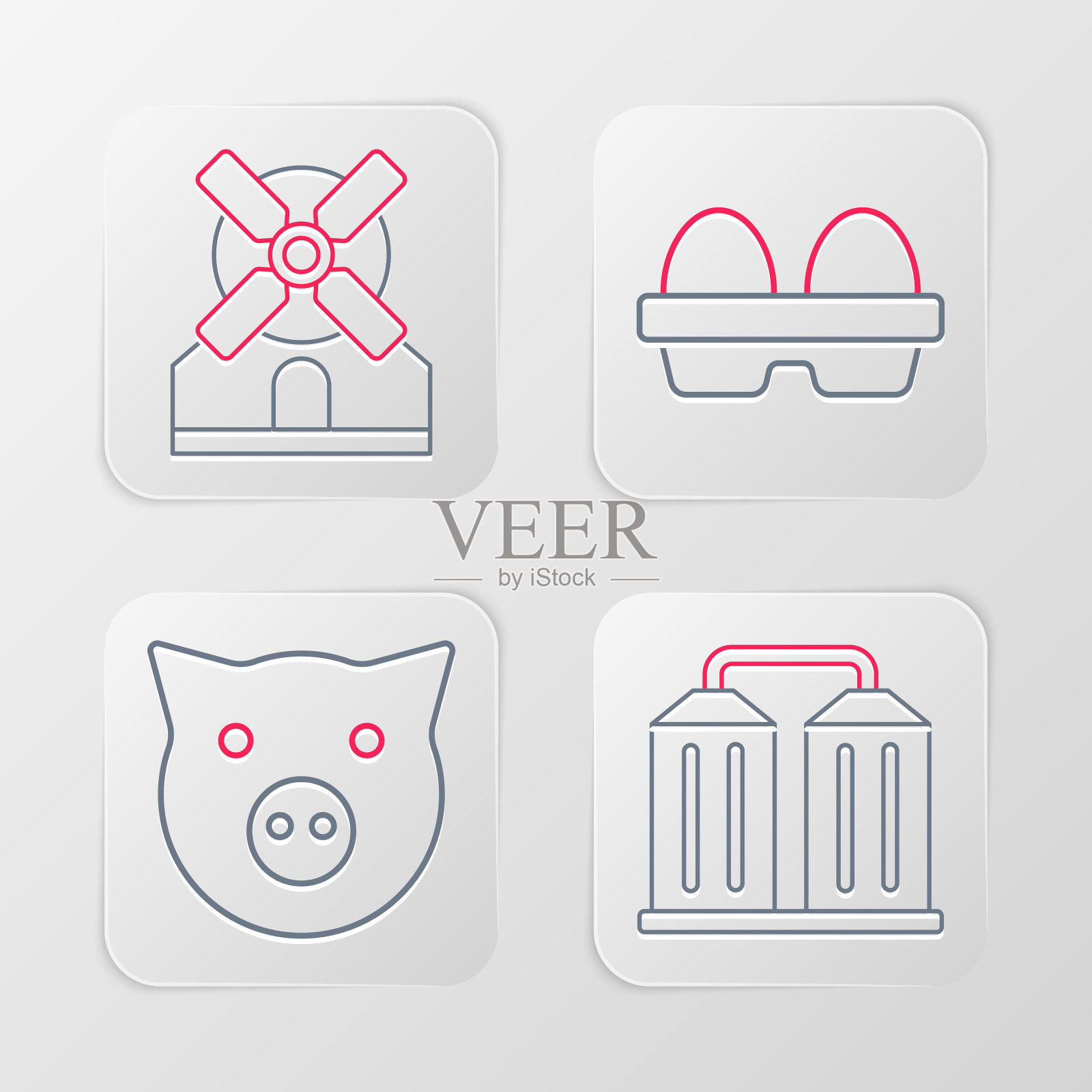 设置线粮仓，猪，鸡蛋在盒子和风车图标。向量插画图片素材