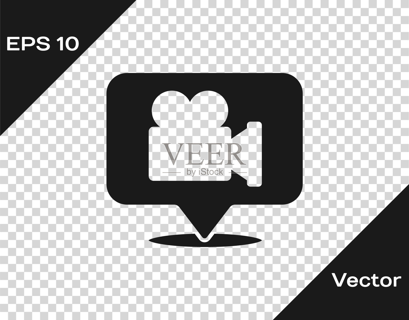 黑色相机和位置引脚图标隔离在透明的背景。向量插画图片素材