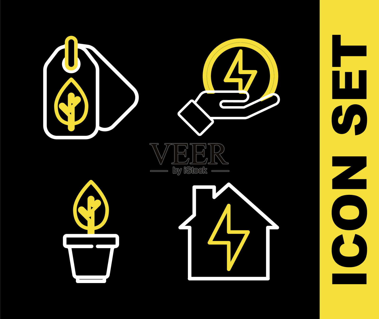 设置线闪电螺栓，房子和闪电，植物花盆和标签与叶片图标。向量插画图片素材