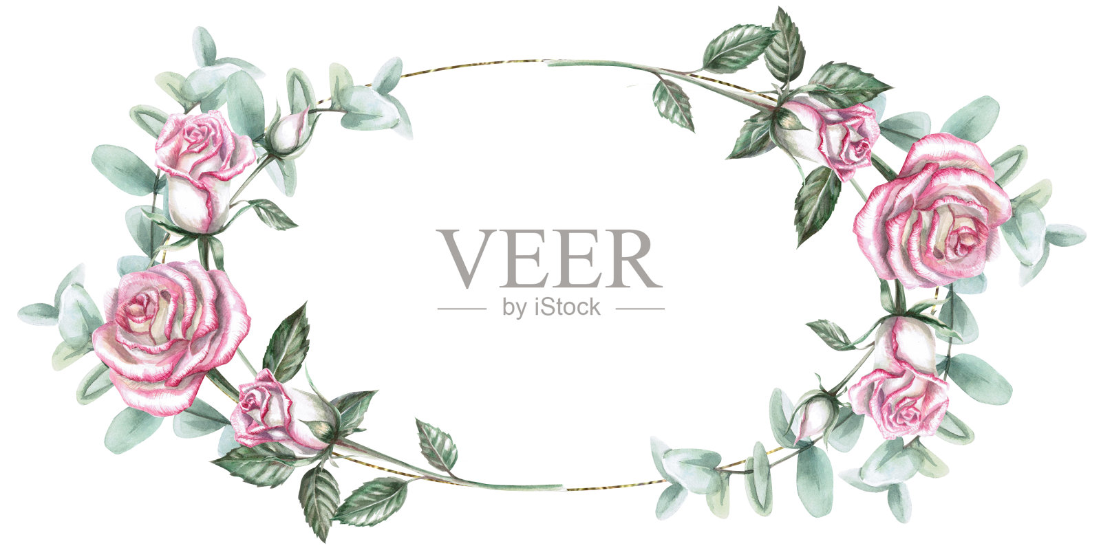 椭圆形框架的玫瑰，花蕾，桉树叶在水彩插图。手绘水彩画婚礼请柬，名额卡，难忘的日期。与背景分离的构图。插画图片素材