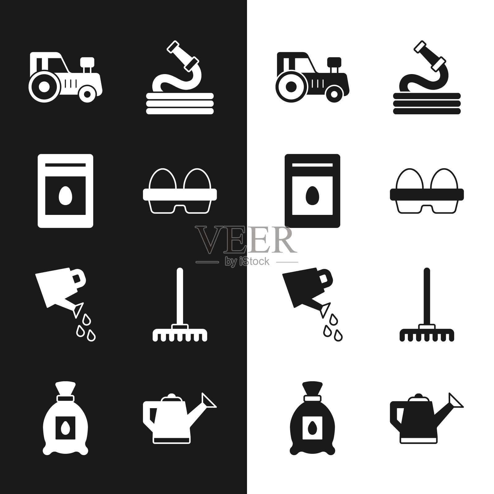 把鸡蛋放在盒子里，装满植物种子，拖拉机，花园软管，喷壶，耙子和图标。向量插画图片素材