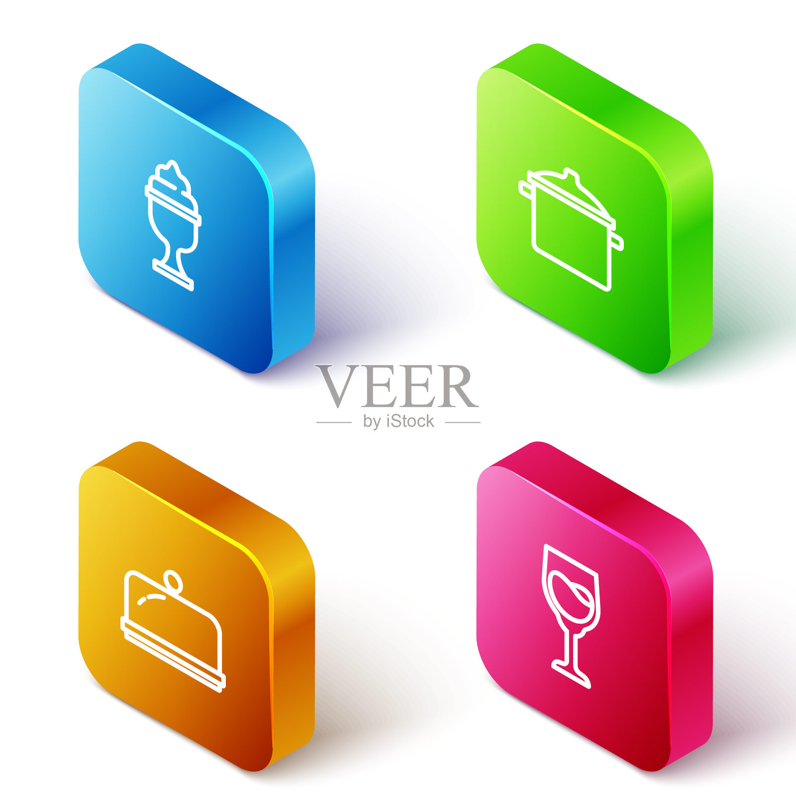 设置等距线冰淇淋在碗，锅，覆盖托盘和酒杯图标。向量插画图片素材