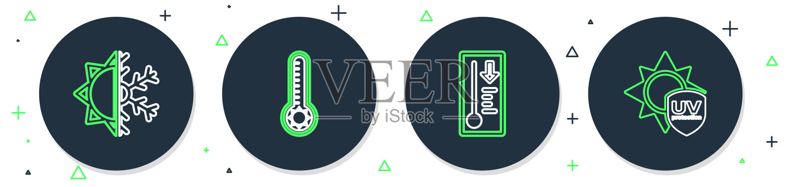 设置线路气象温度计，太阳和雪花和紫外线防护图标。向量插画图片素材